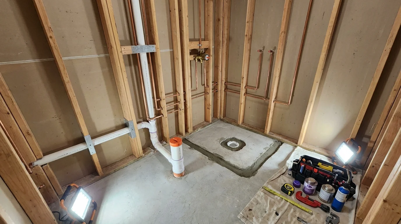 Bathroom rough-in plumbing during remodel by Johns Plumbing LLC in Bristow