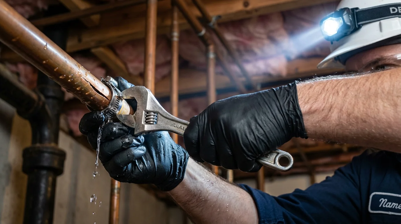 Emergency pipe clamp repair being performed by a Johns Plumbing LLC plumber in Bristow