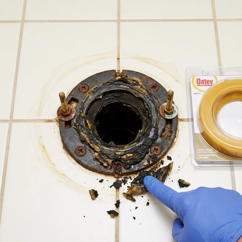 Failed wax ring showing water seepage at the base of a toilet in a Bristow, OK home