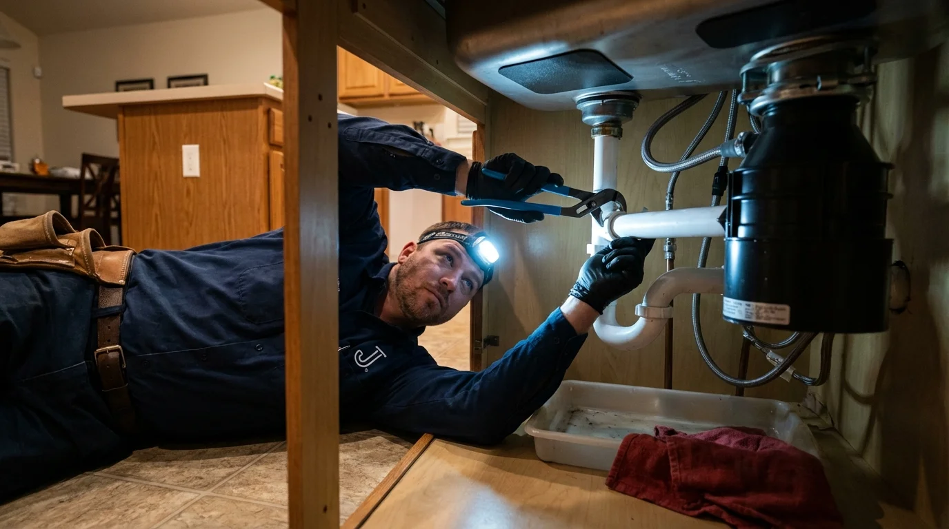 P-trap and supply line connections under a kitchen sink showing a common leak point in Bristow, OK